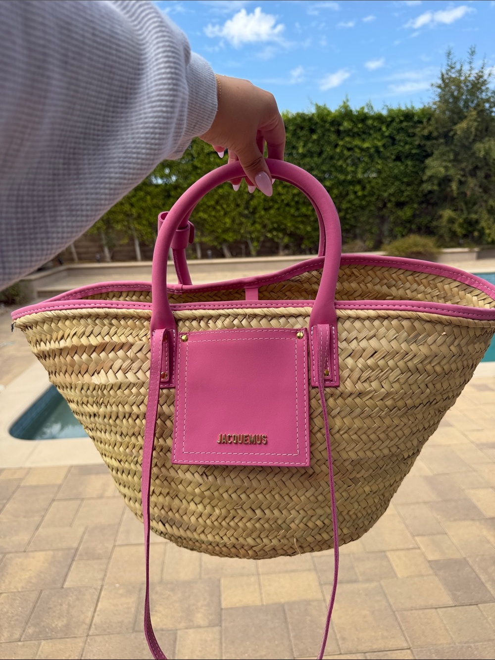Jacquemus Natural Straw Tote with Pink Leather Trim